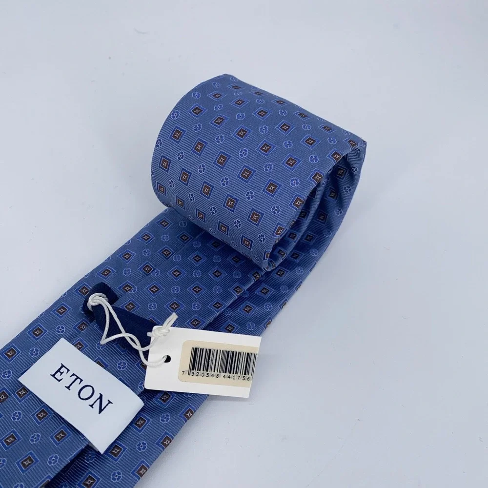 Eton Tie Mens One Size Blue Brown Patterned Silk Professional Necktie Italy Made